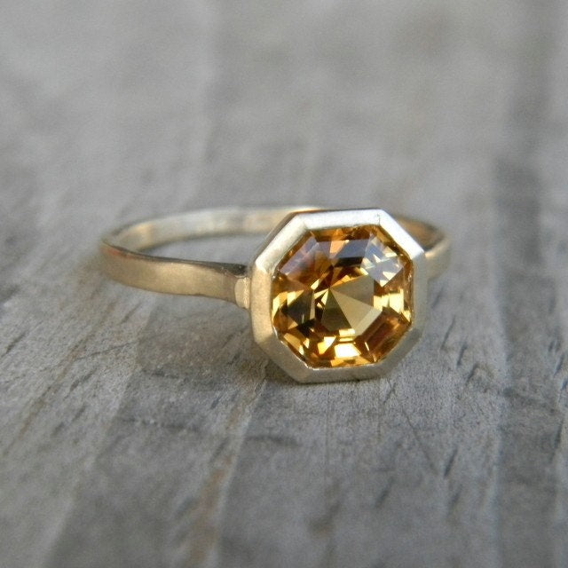 Citrine Gemstone Bezel Ring in Asscher Cut 14k yellow Gold