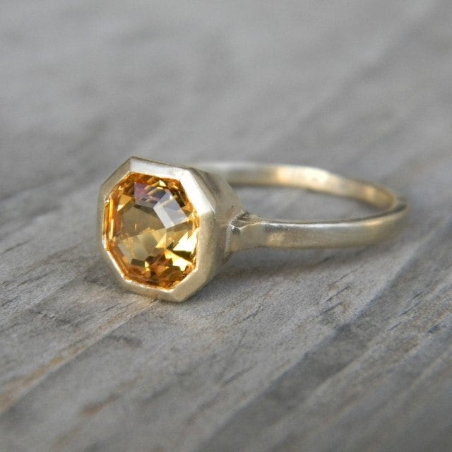 Citrine Gemstone Bezel Ring in Asscher Cut 14k yellow Gold