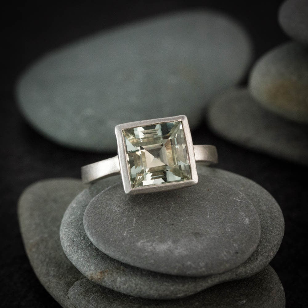 A Square London Blue Topaz Ring, Princess Cut Natural Topaz in Sterling Silver Bezel Handmade Jewelry.