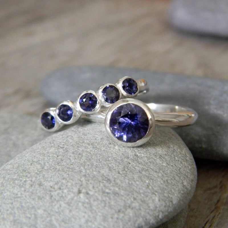 Handmade cassin jewelry: Iolite and water sapphire ring set in sterling silver.