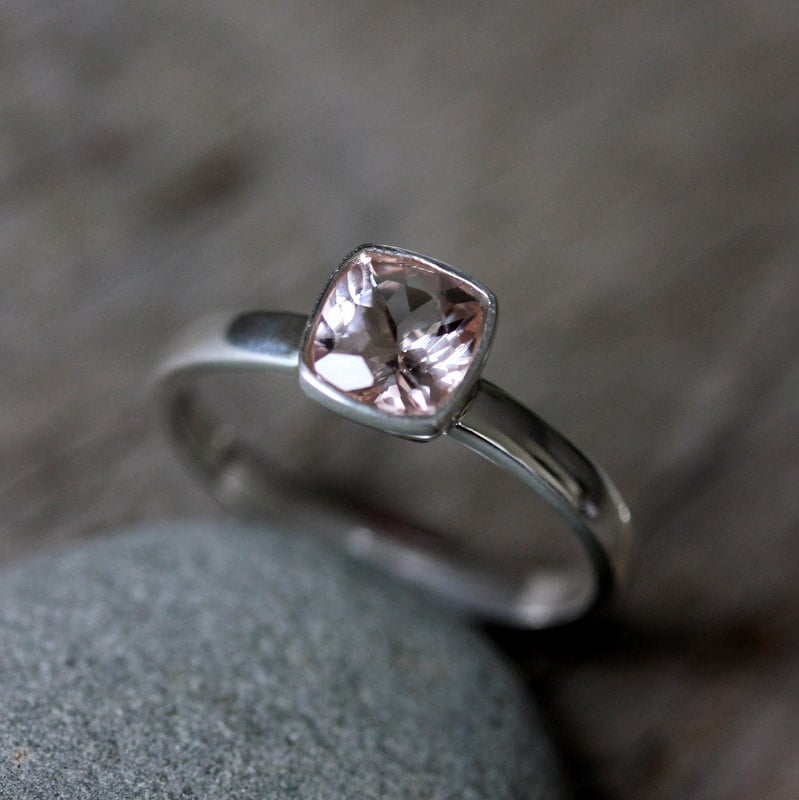 Handmade jewelry: A Silver Cushion Pale Pink Gemstone Ring Cushion Morganite Ring in Sterling Silver, Non Diamond Eco Friendly No Conflict Ring with a morganite stone on top of a rock