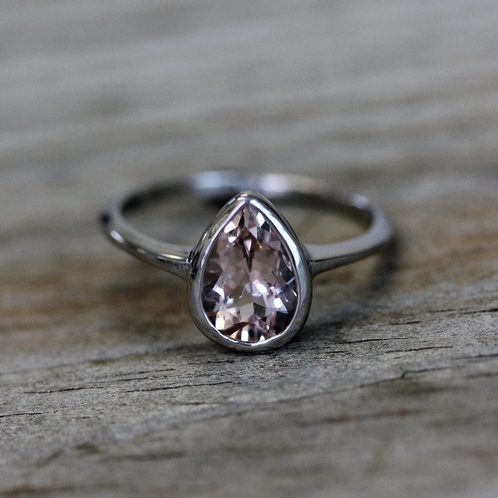 Handmade Pear Shaped Morganite Ring in White Gold by Cassin Jewelry.