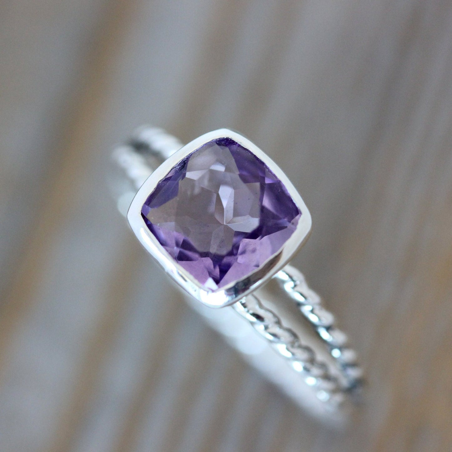 Handmade Purple Amethyst Cushion Cut Ring in Sterling Silver by Cassin Jewelry.
