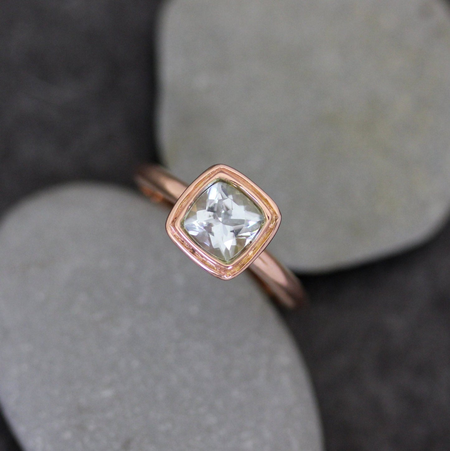 Soft Blue Aquamarine Halo Ring in Recycled 14k Rose Gold