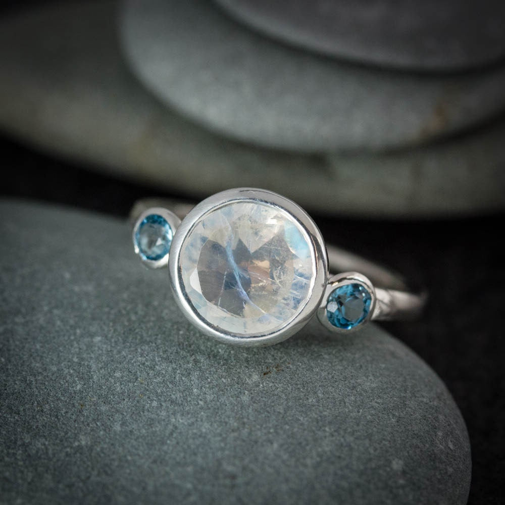 Rainbow Moonstone Three Stone Ring and blue topaz handmade jewelry.