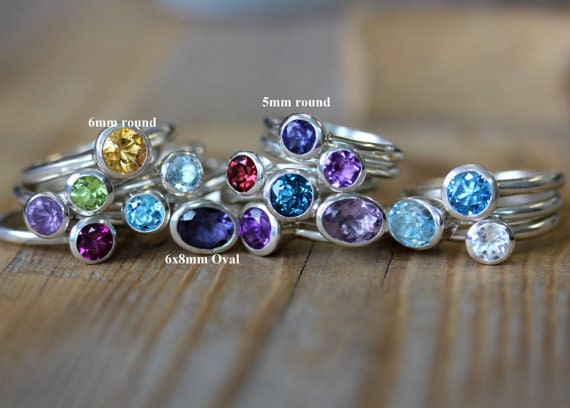 Handmade Oval Stackable Rings with different colored stones.