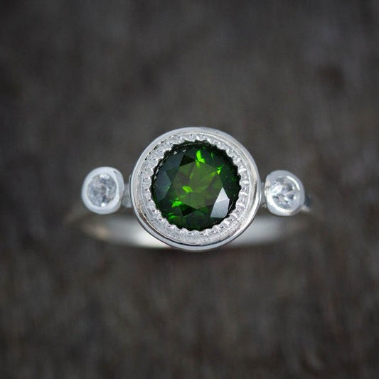 A Chrome Diopside Ring with white diamonds, handmade.