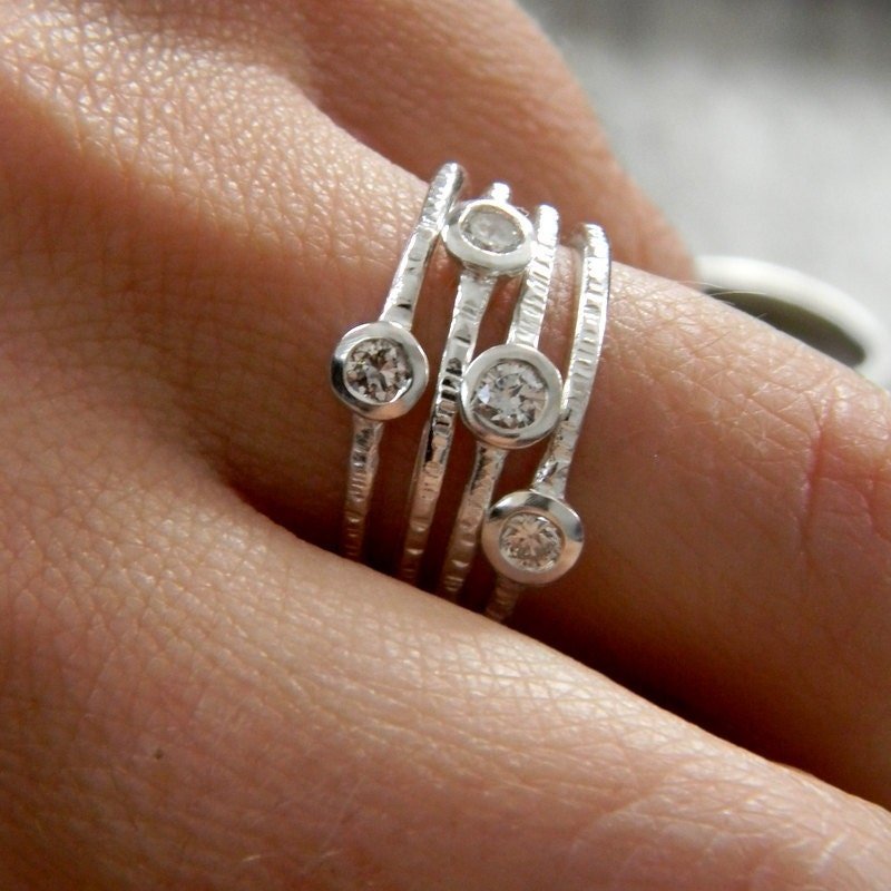 Moissanite Multistone Ring in Silver Band Ring, Gemstone Bezel Ring - Madelynn Cassin Designs