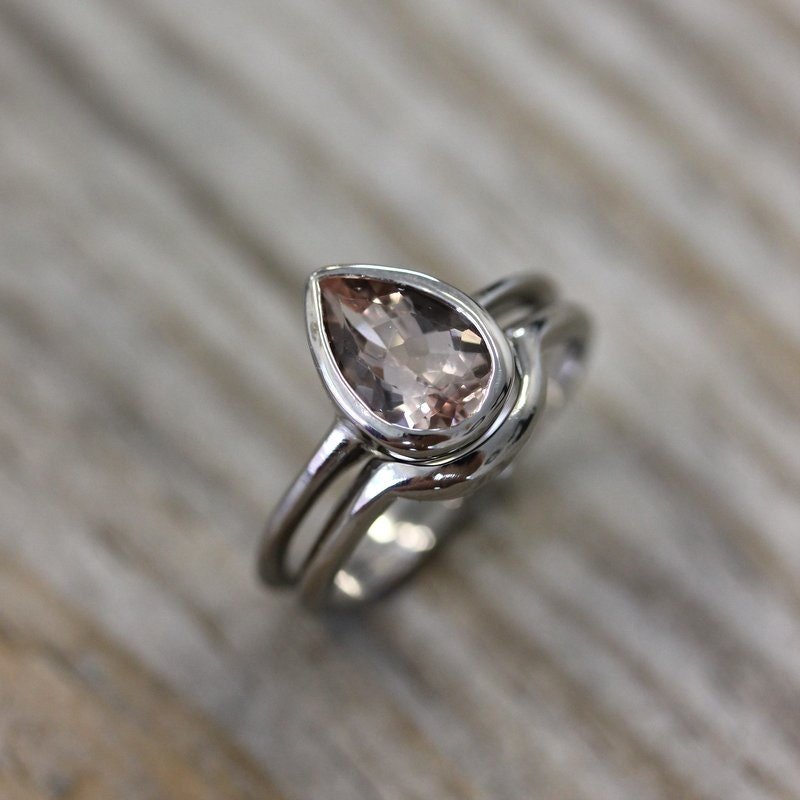 Morganite Pear White Gold Engagement Ring and Wedding Band Set - Madelynn Cassin Designs