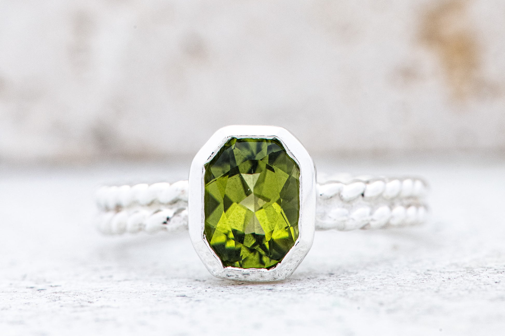 One of a Kind Peridot ring in sterling silver by Cassin Jewelry.