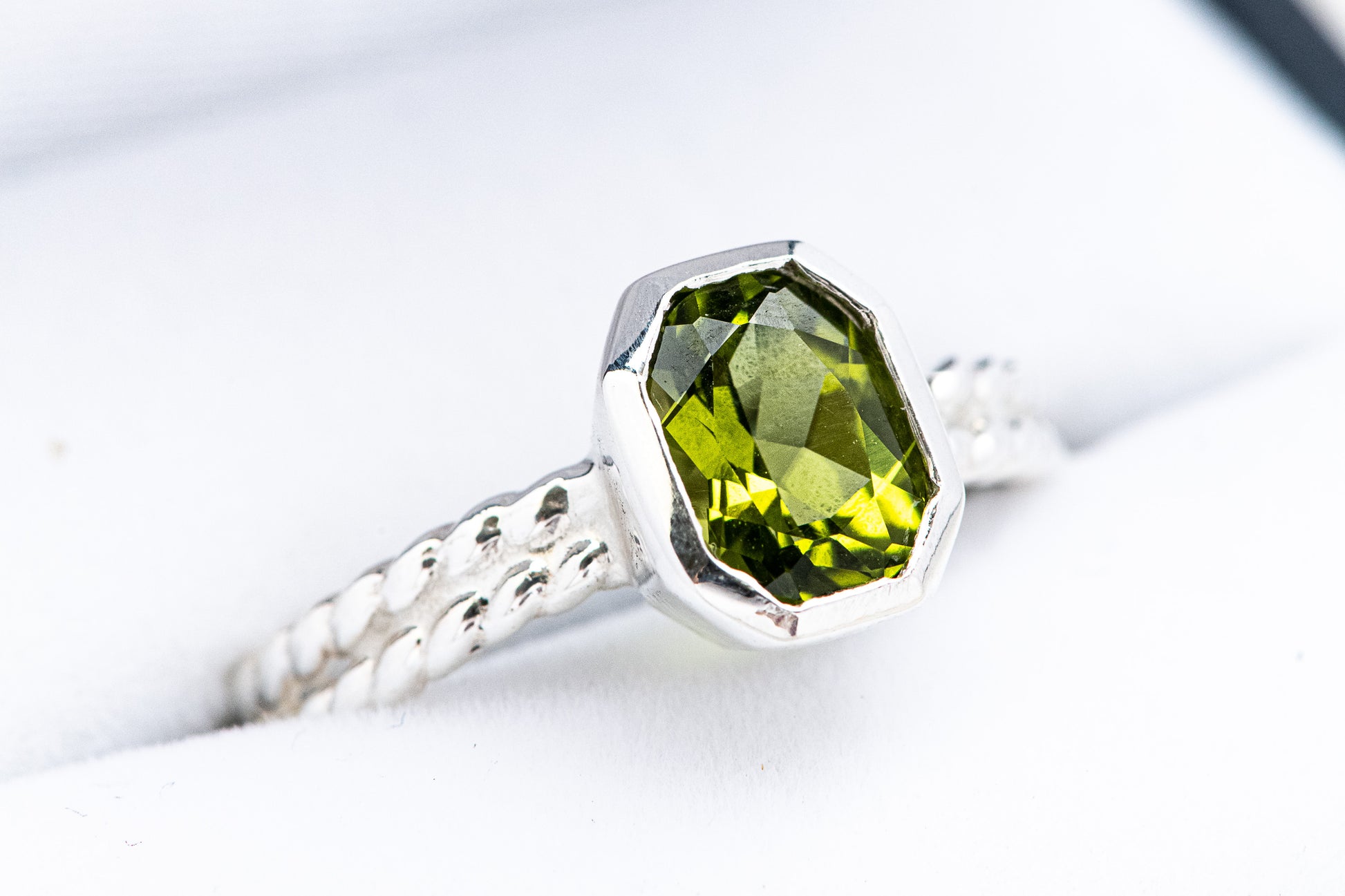 One of a kind handmade Peridot Ring Size 7.5 in sterling silver.
