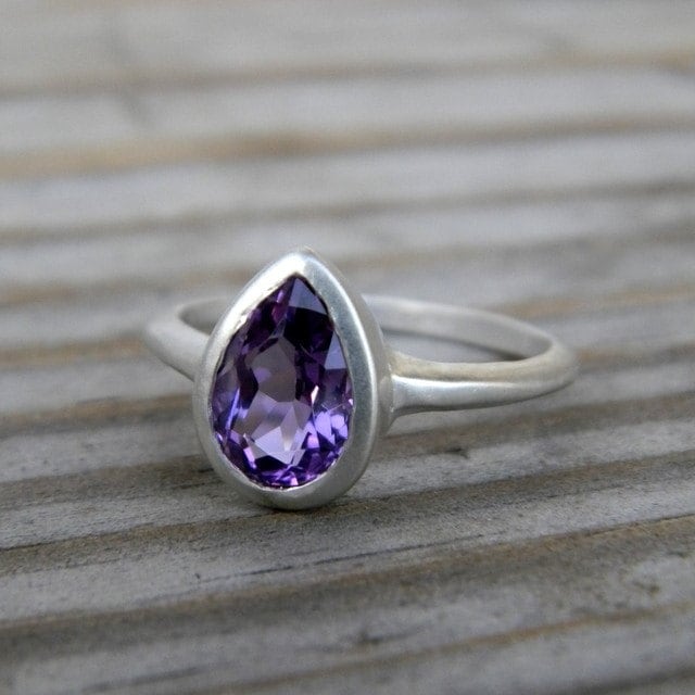 Pear Shaped Amethyst Solitaire Ring - Madelynn Cassin Designs