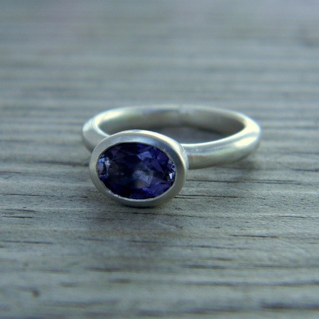 Periwinkle Blue Iolite Oval Ring in Matte Argentium Silver | Affordable Silver Ring - Madelynn Cassin Designs