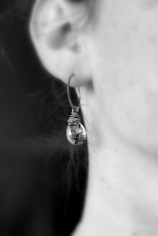 Tourmalinated Quartz Gemstone Dangle Earrings, Sterling SIlver Hoop Earrings - Madelynn Cassin Designs