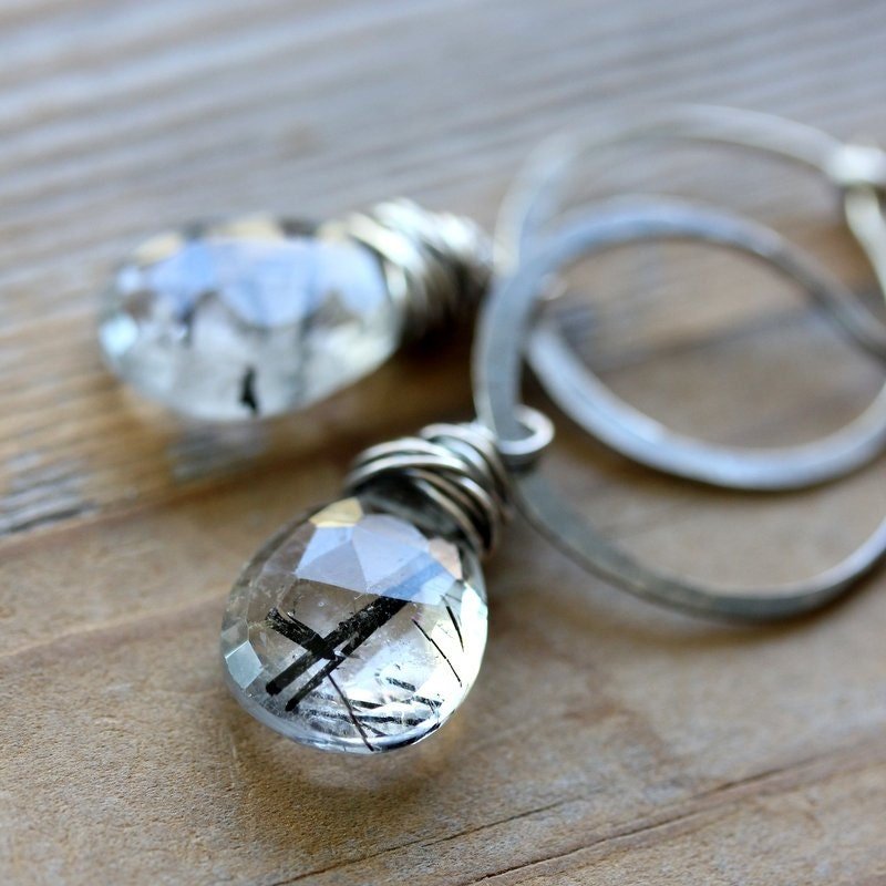 Tourmalinated Quartz Gemstone Dangle Earrings, Sterling SIlver Hoop Earrings - Madelynn Cassin Designs