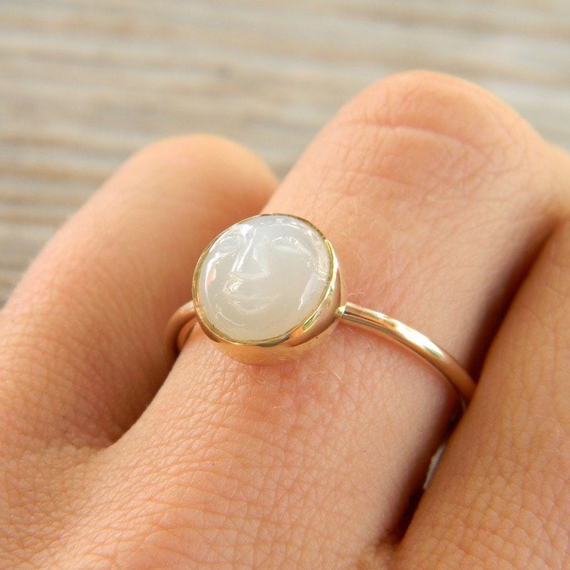 White Moonstone With Face in Yellow Gold - Madelynn Cassin Designs
