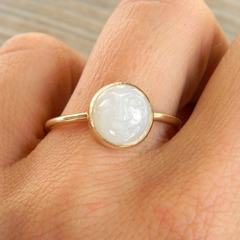 White Moonstone With Face in Yellow Gold - Madelynn Cassin Designs